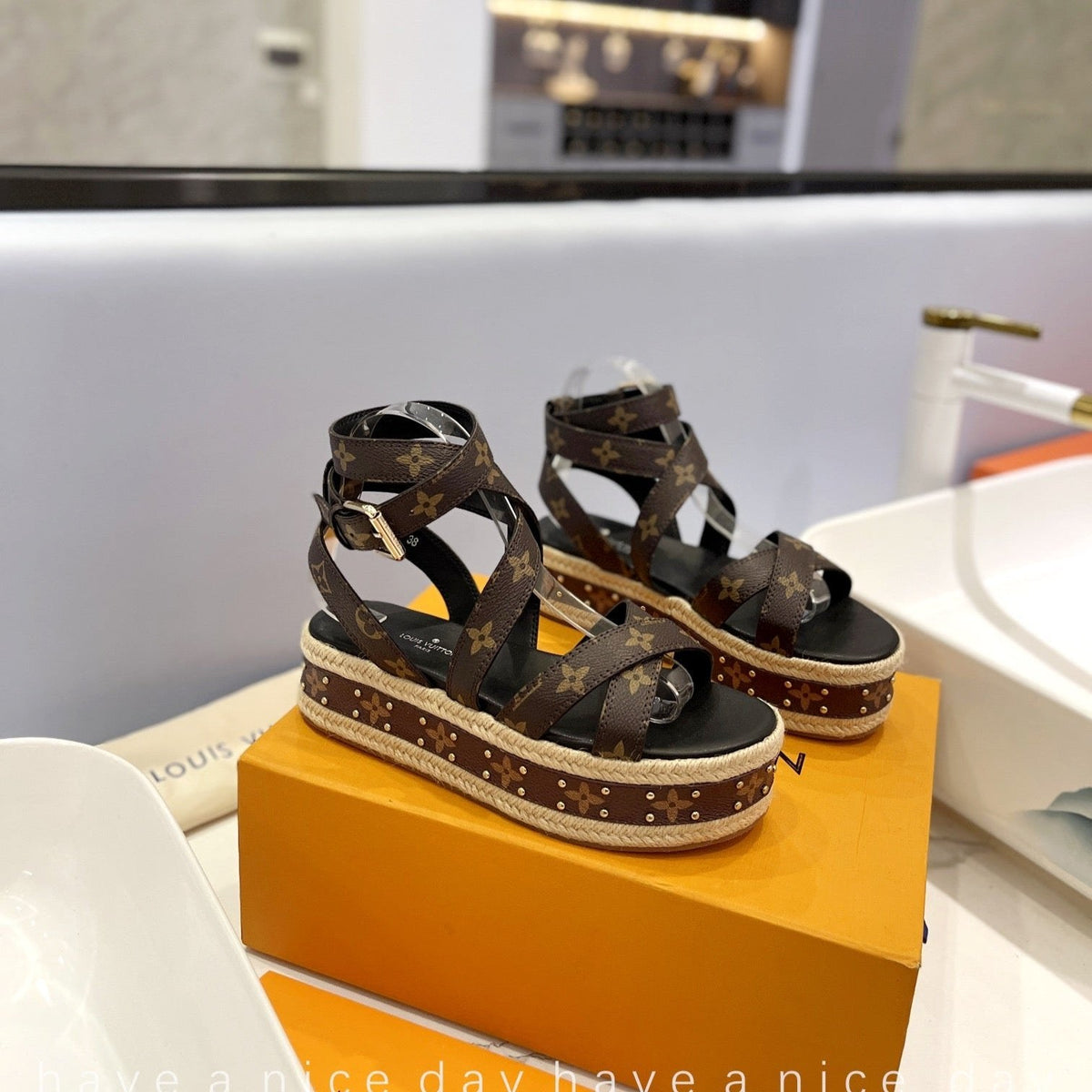 LV Straw Platform Sandals 80mm Dark Brown Monogram Cowhide