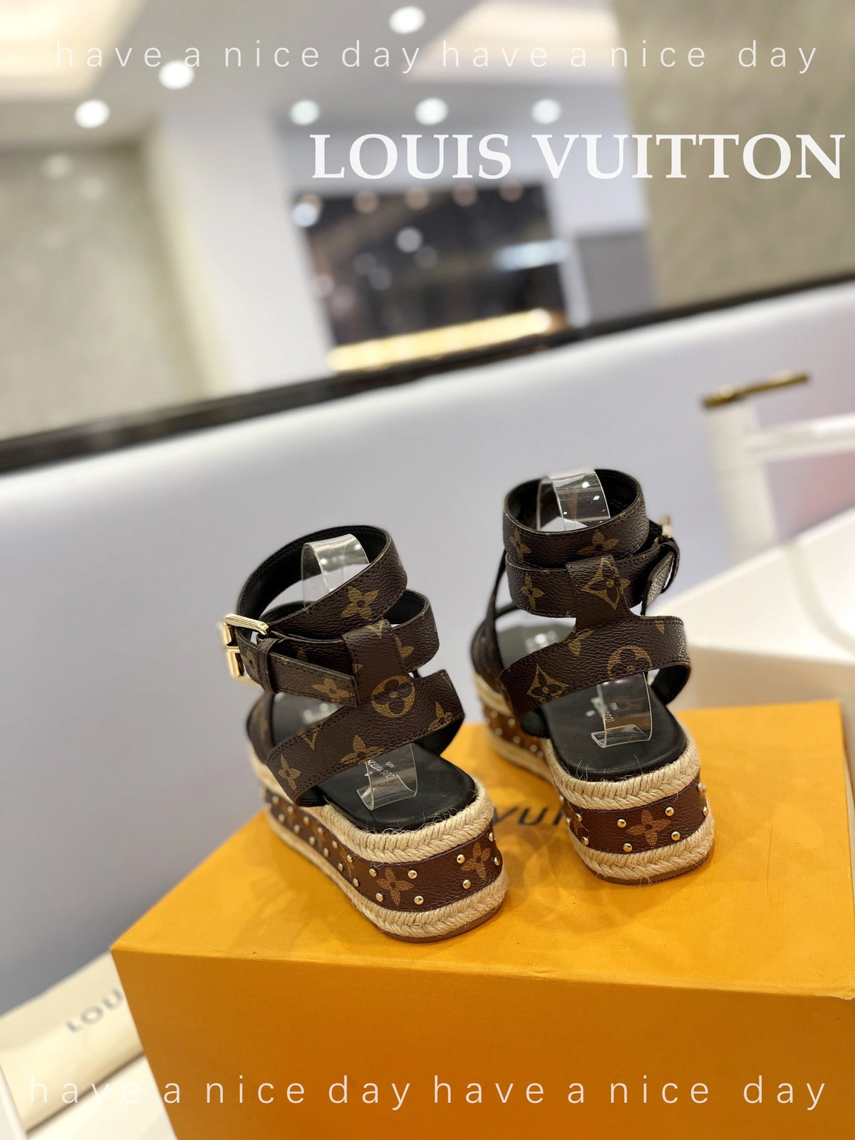 LV Straw Platform Sandals 80mm Dark Brown Monogram Cowhide