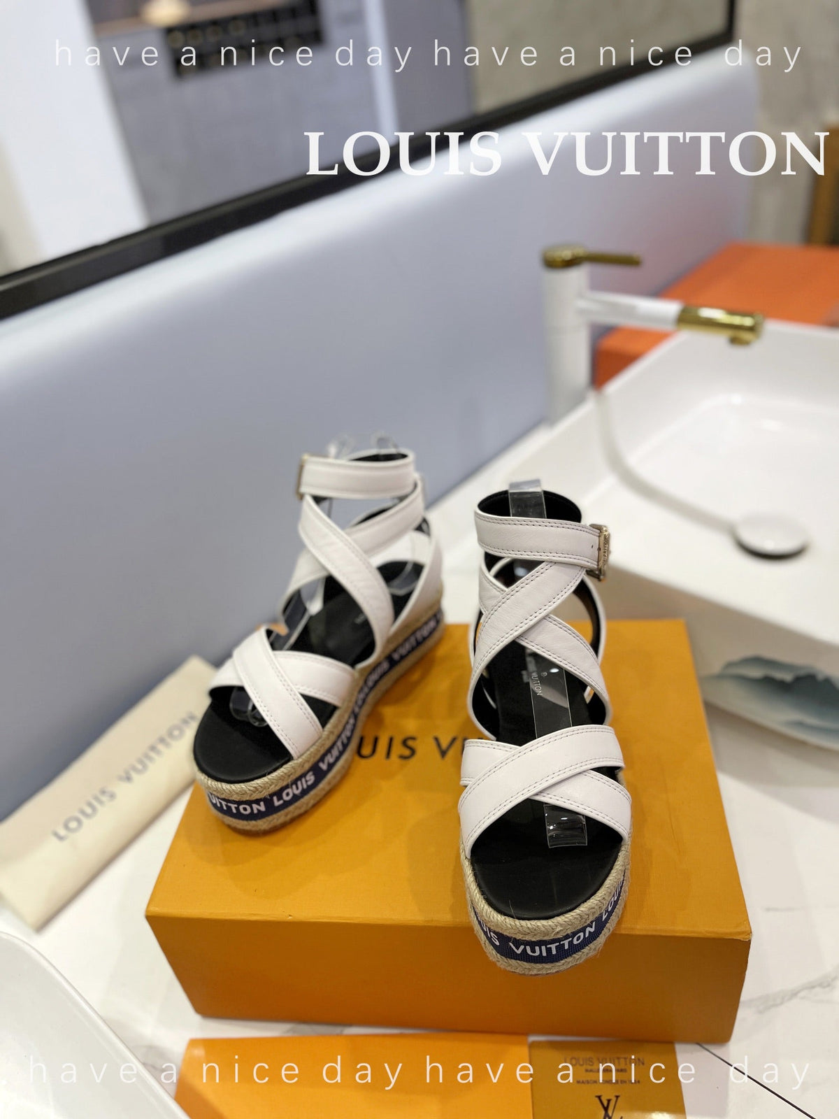 LV Straw Platform Sandals 80mm White Cowhide