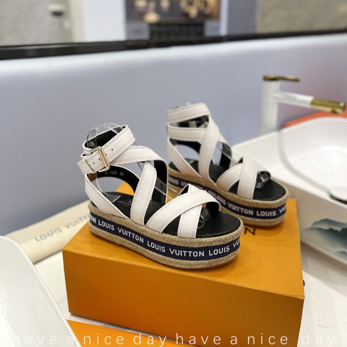 LV Straw Platform Sandals 80mm White Cowhide
