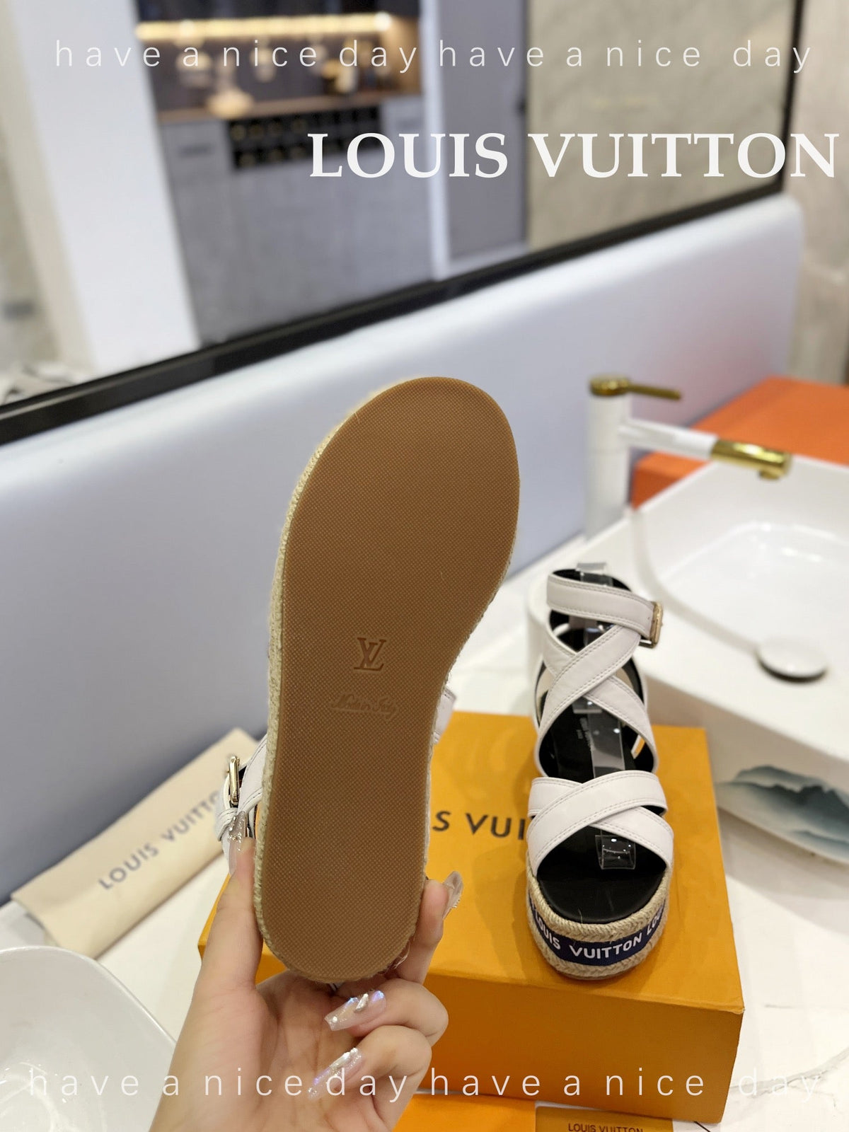 LV Straw Platform Sandals 80mm White Cowhide