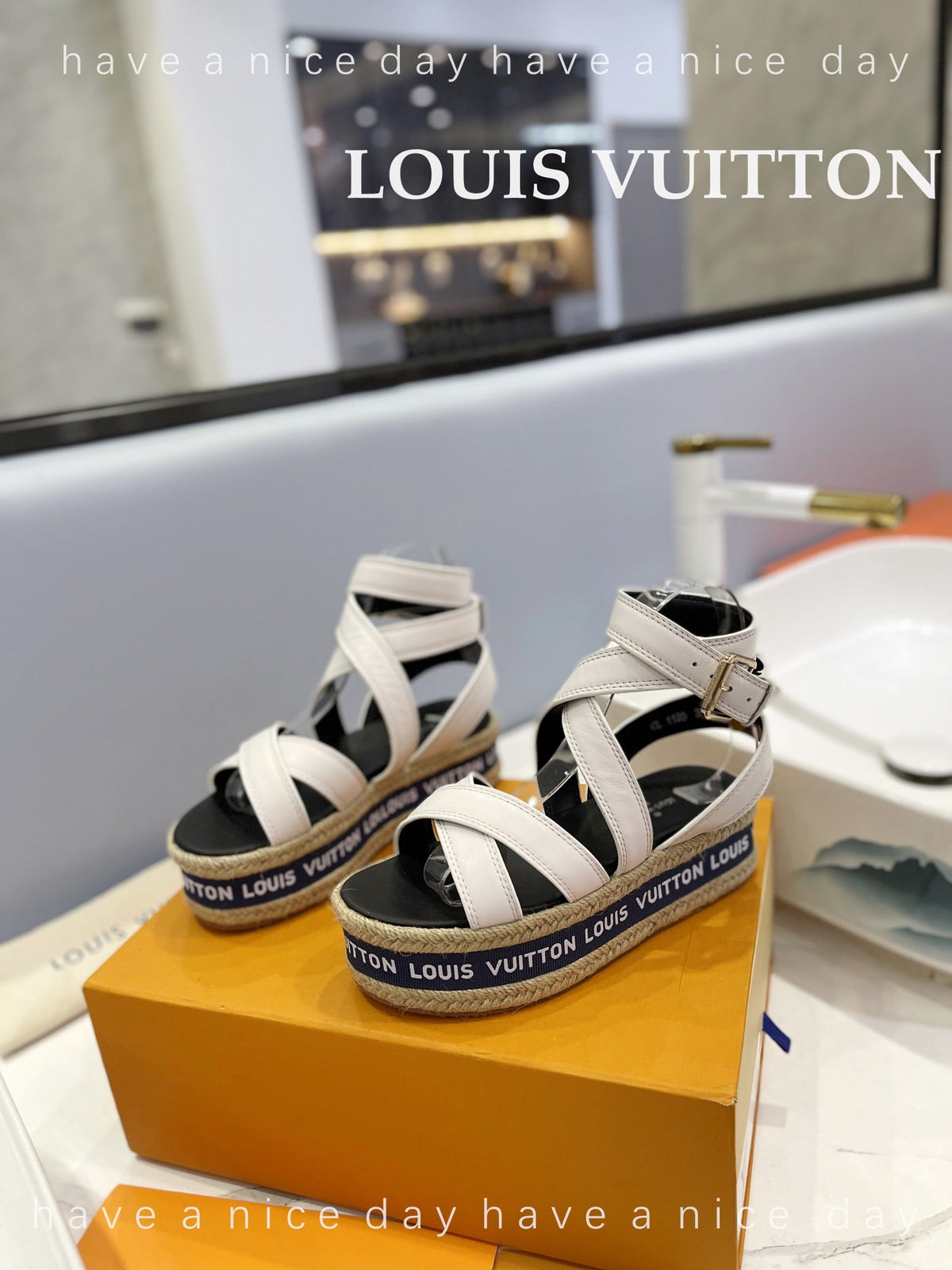 LV Straw Platform Sandals 80mm White Cowhide