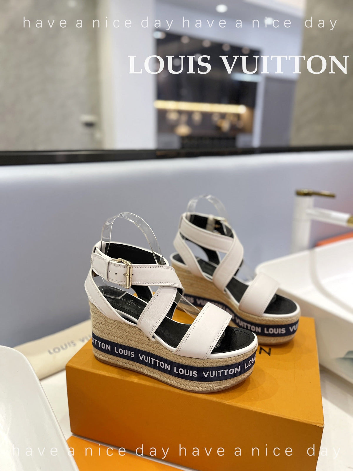 LV Straw Platform Sandals 100mm White Cowhide
