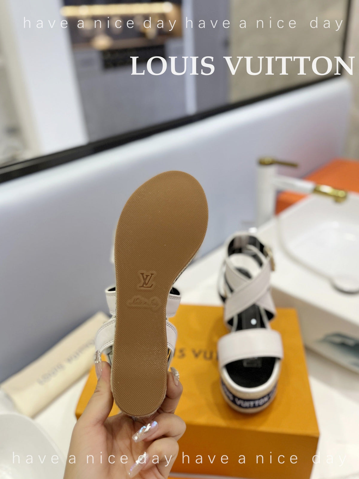 LV Straw Platform Sandals 100mm White Cowhide