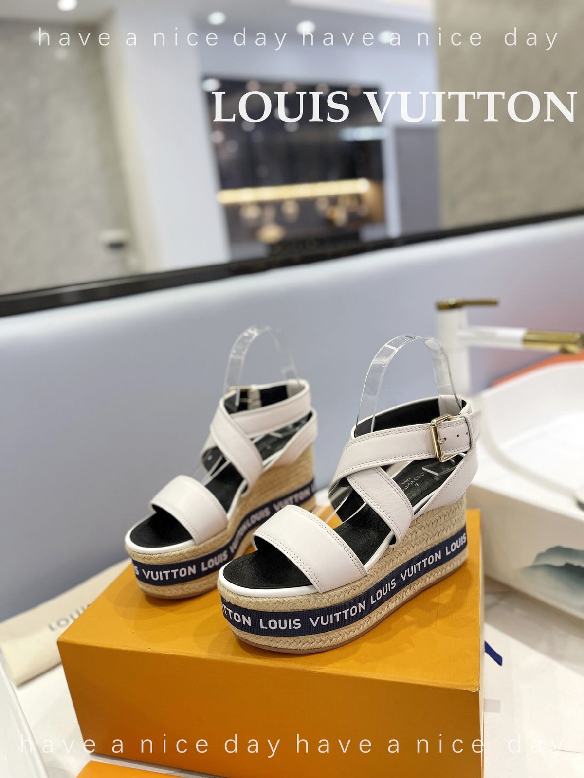 LV Straw Platform Sandals 100mm White Cowhide