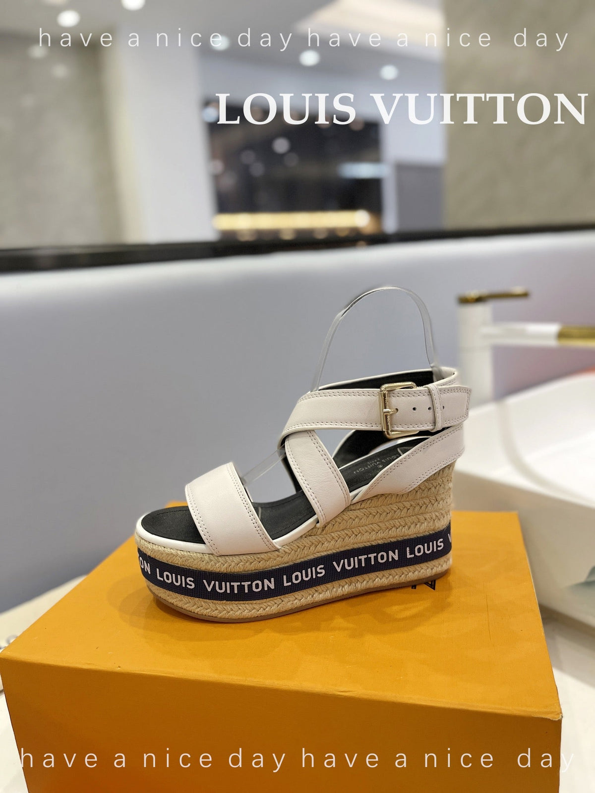 LV Straw Platform Sandals 100mm White Cowhide