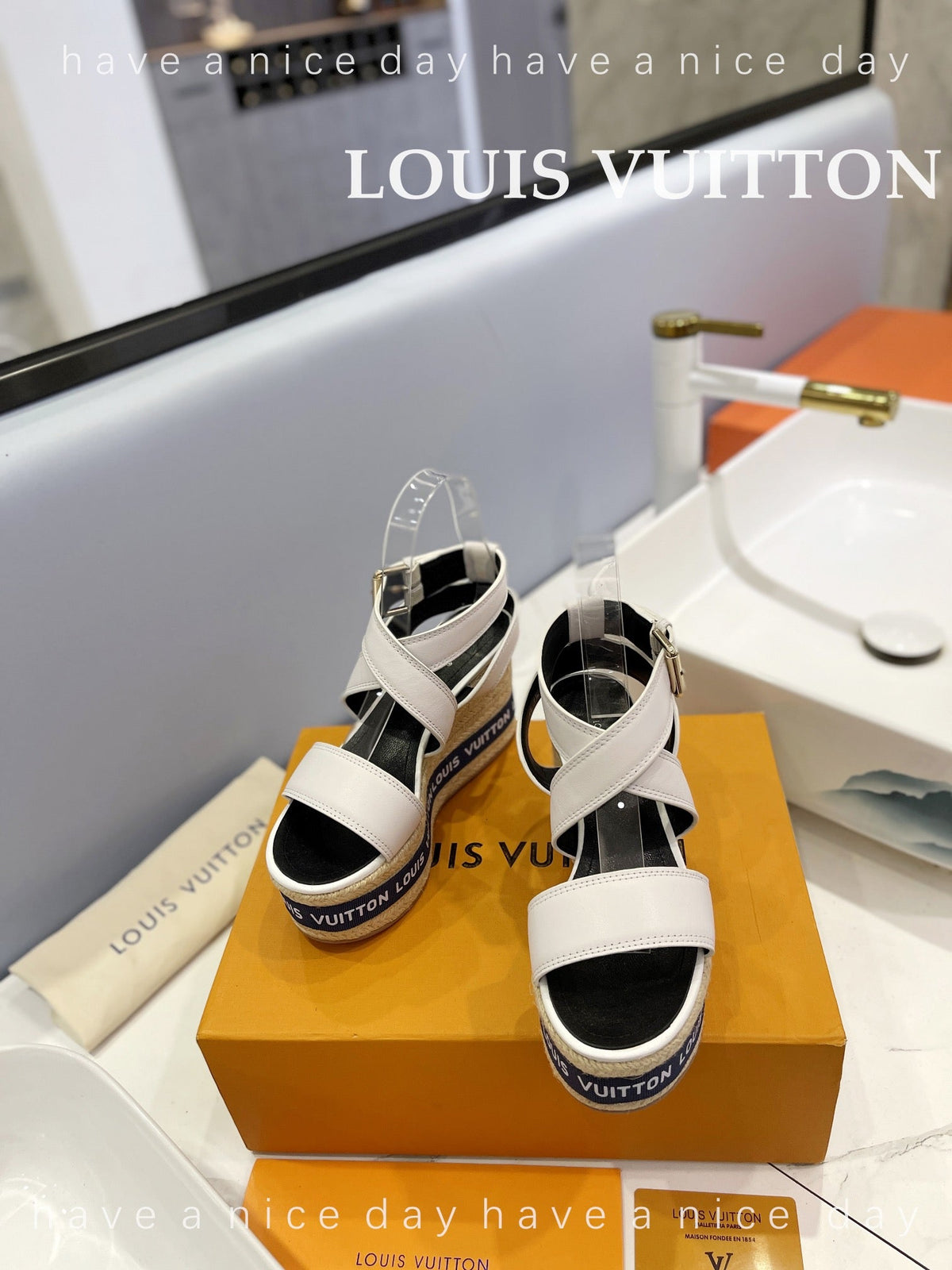 LV Straw Platform Sandals 100mm White Cowhide