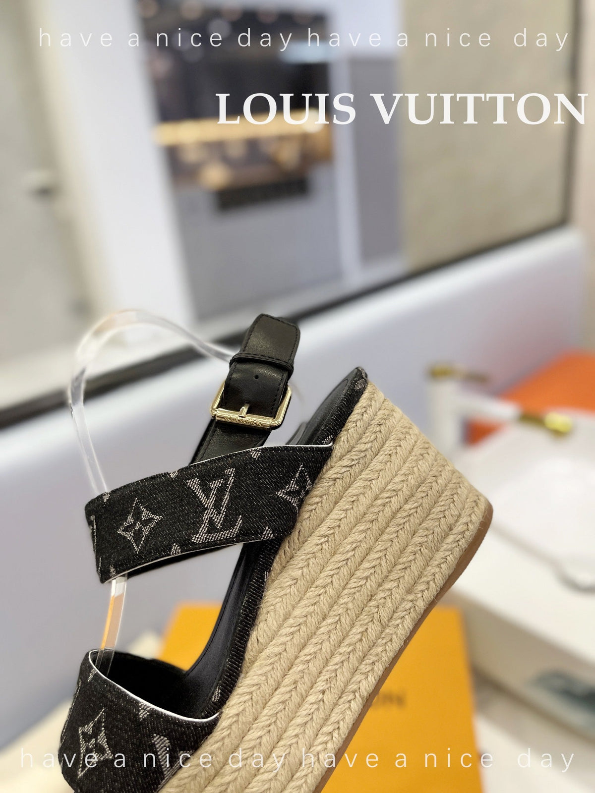 LV Straw Platform Sandals 100mm Black Monogram Jacquard Fabric