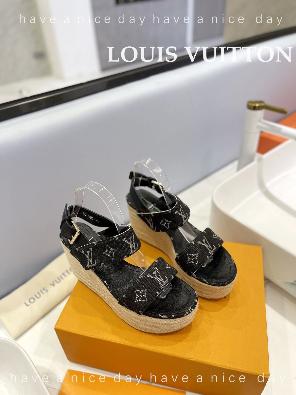 LV Straw Platform Sandals 100mm Black Monogram Jacquard Fabric