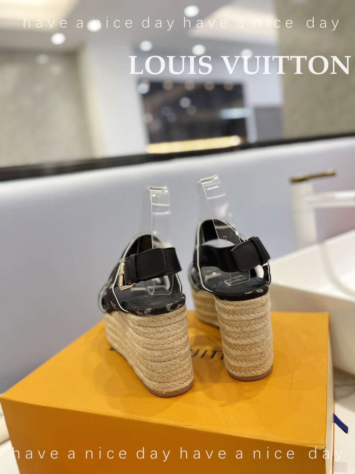 LV Straw Platform Sandals 100mm Black Monogram Jacquard Fabric
