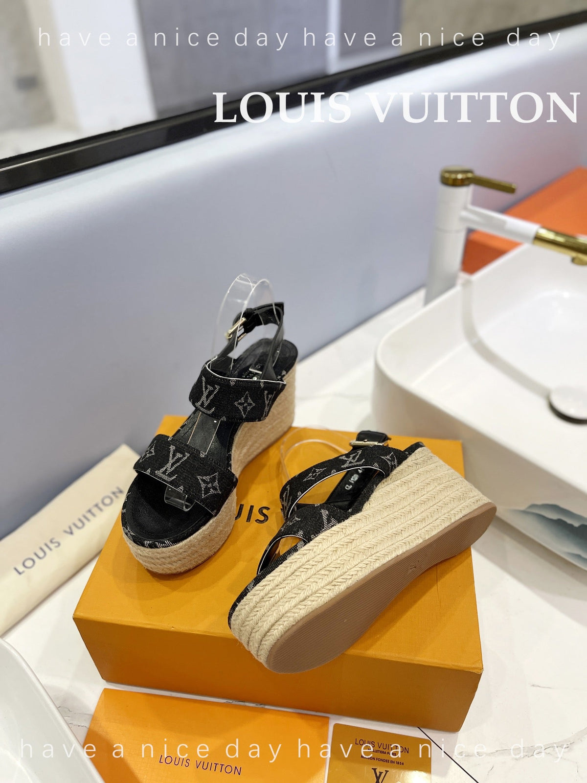 LV Straw Platform Sandals 100mm Black Monogram Jacquard Fabric