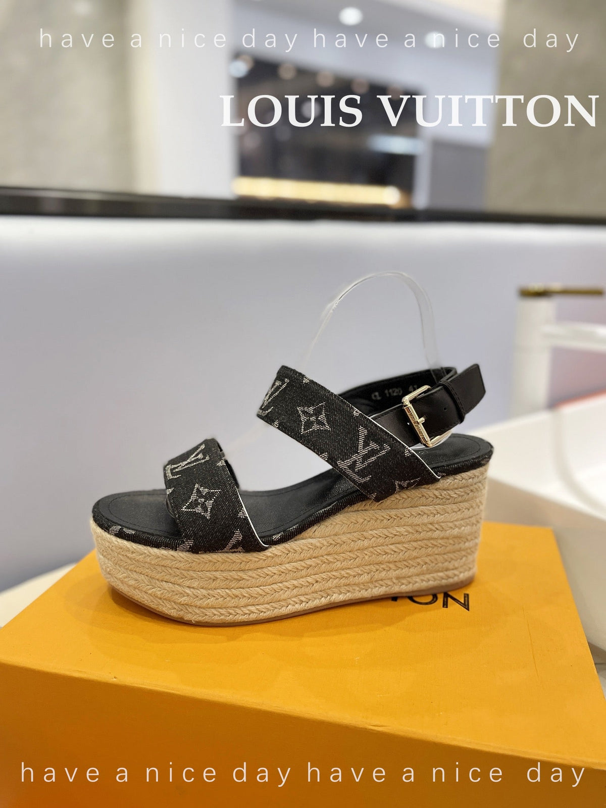 LV Straw Platform Sandals 100mm Black Monogram Jacquard Fabric