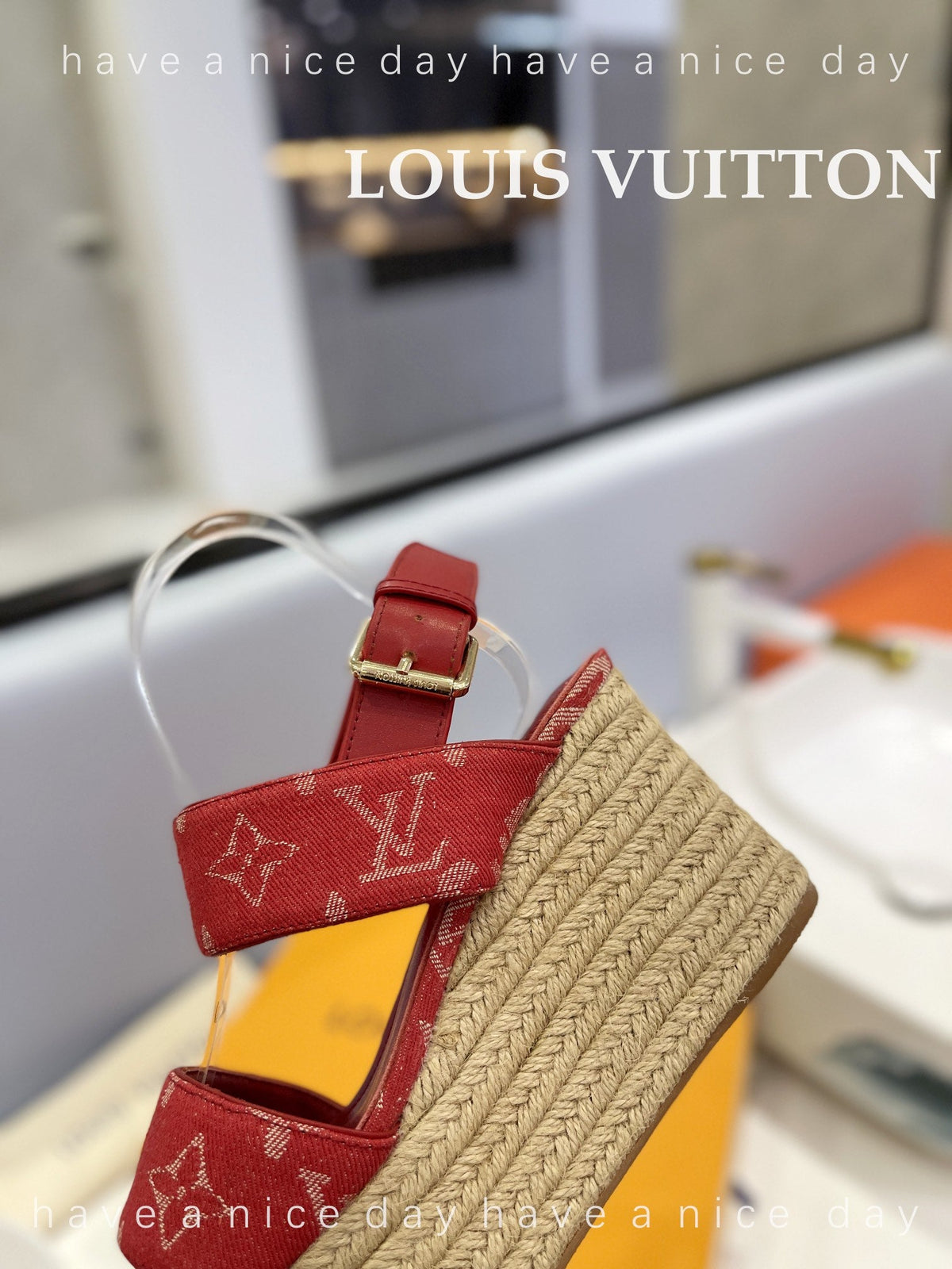 LV Straw Platform Sandals 100mm Red Monogram Jacquard Fabric