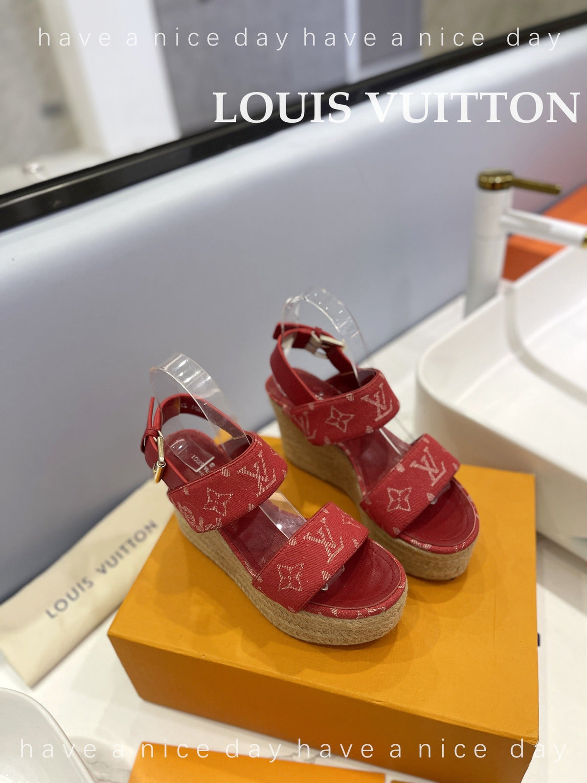 LV Straw Platform Sandals 100mm Red Monogram Jacquard Fabric