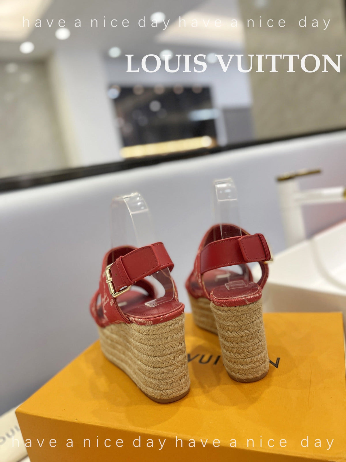 LV Straw Platform Sandals 100mm Red Monogram Jacquard Fabric