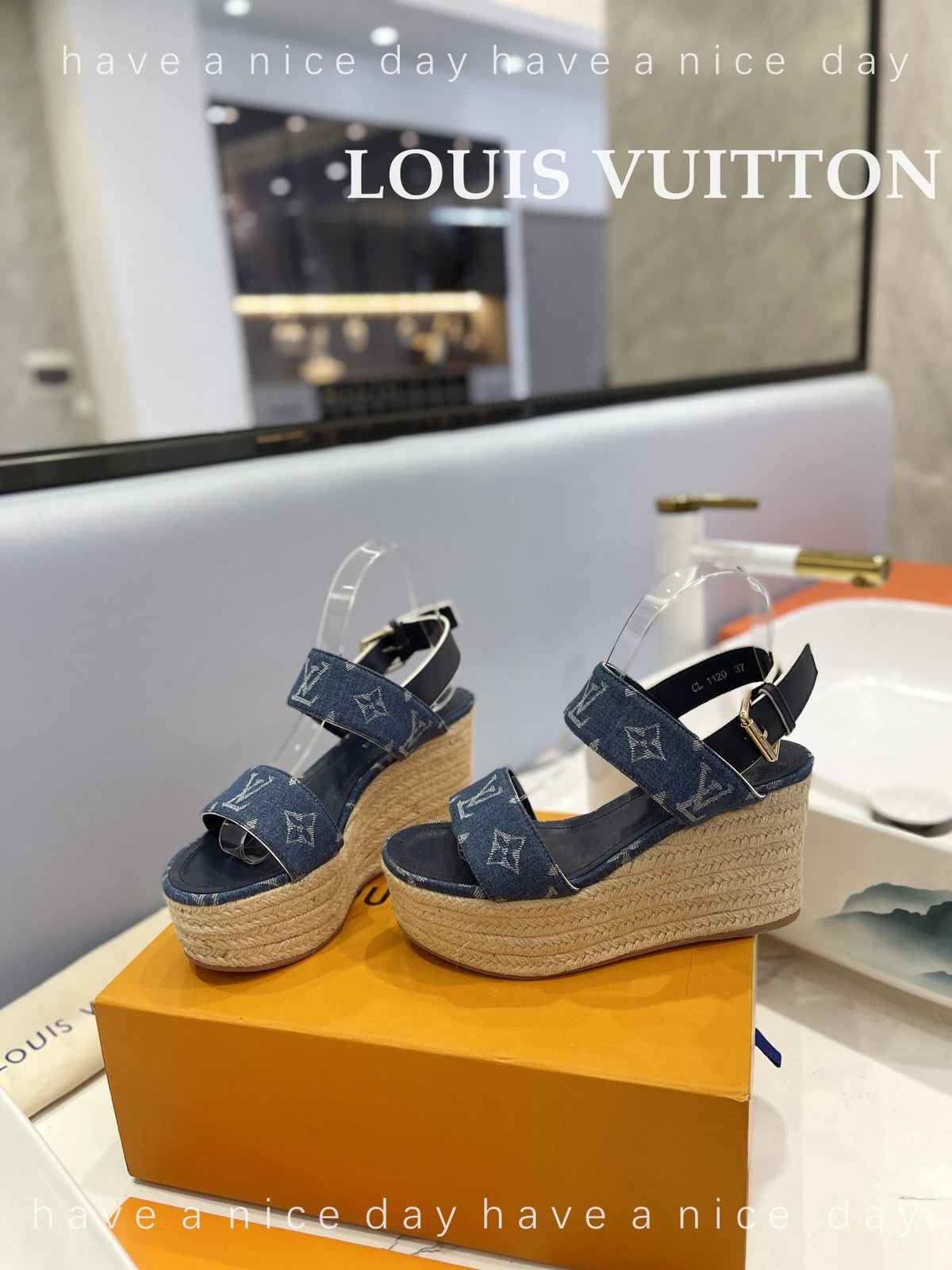 LV Straw Platform Sandals 100mm Blue Monogram Jacquard Fabric