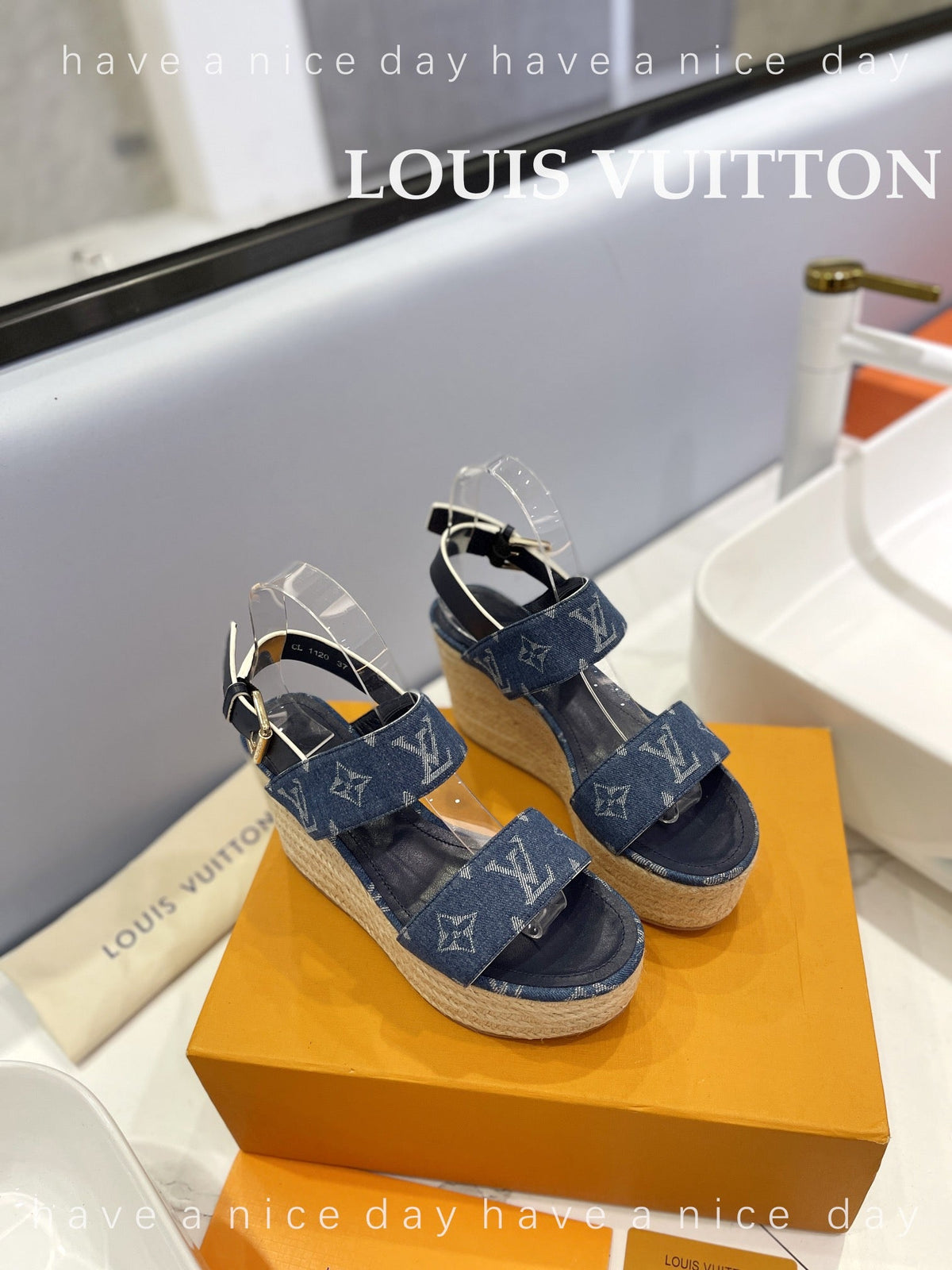 LV Straw Platform Sandals 100mm Blue Monogram Jacquard Fabric