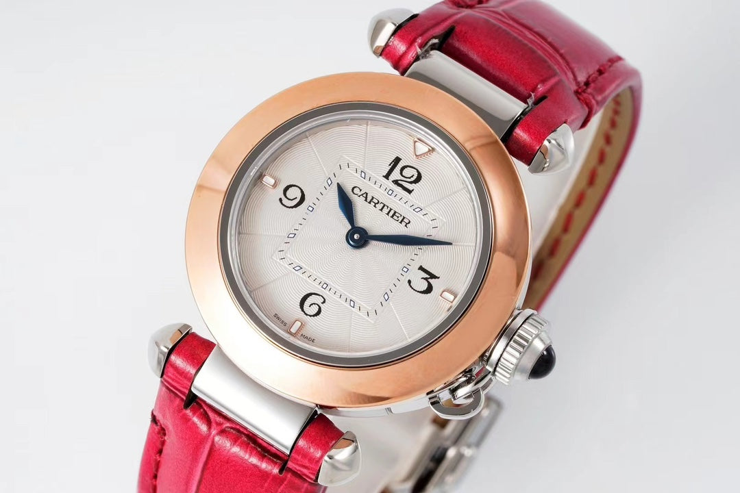 pasha 30mm quartz pink gold white dial red leather