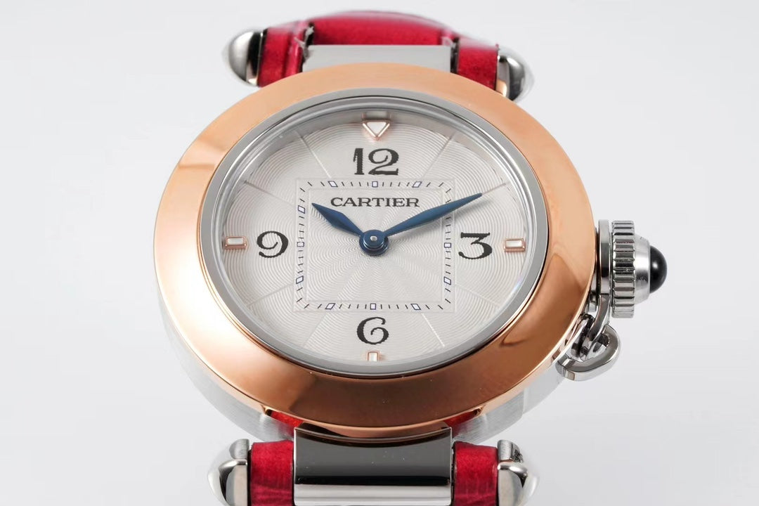 pasha 30mm quartz pink gold white dial red leather