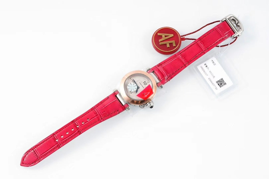 pasha 30mm quartz pink gold white dial red leather