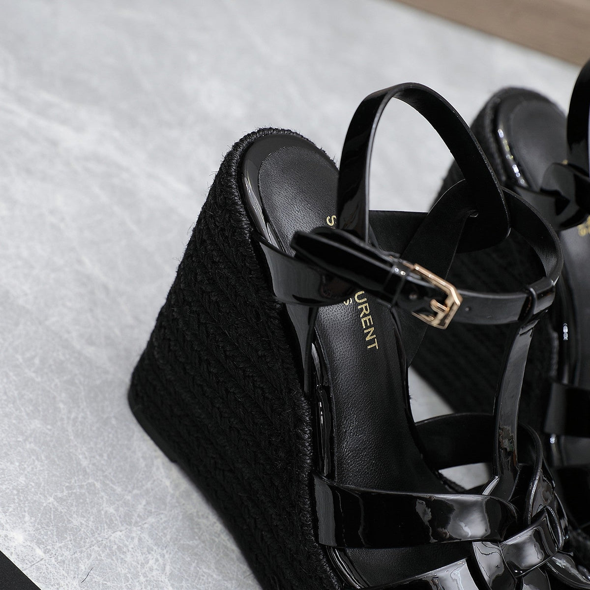SL TRIBUTE WEDGE SANDALS BLACK POLISHED CALFSKIN