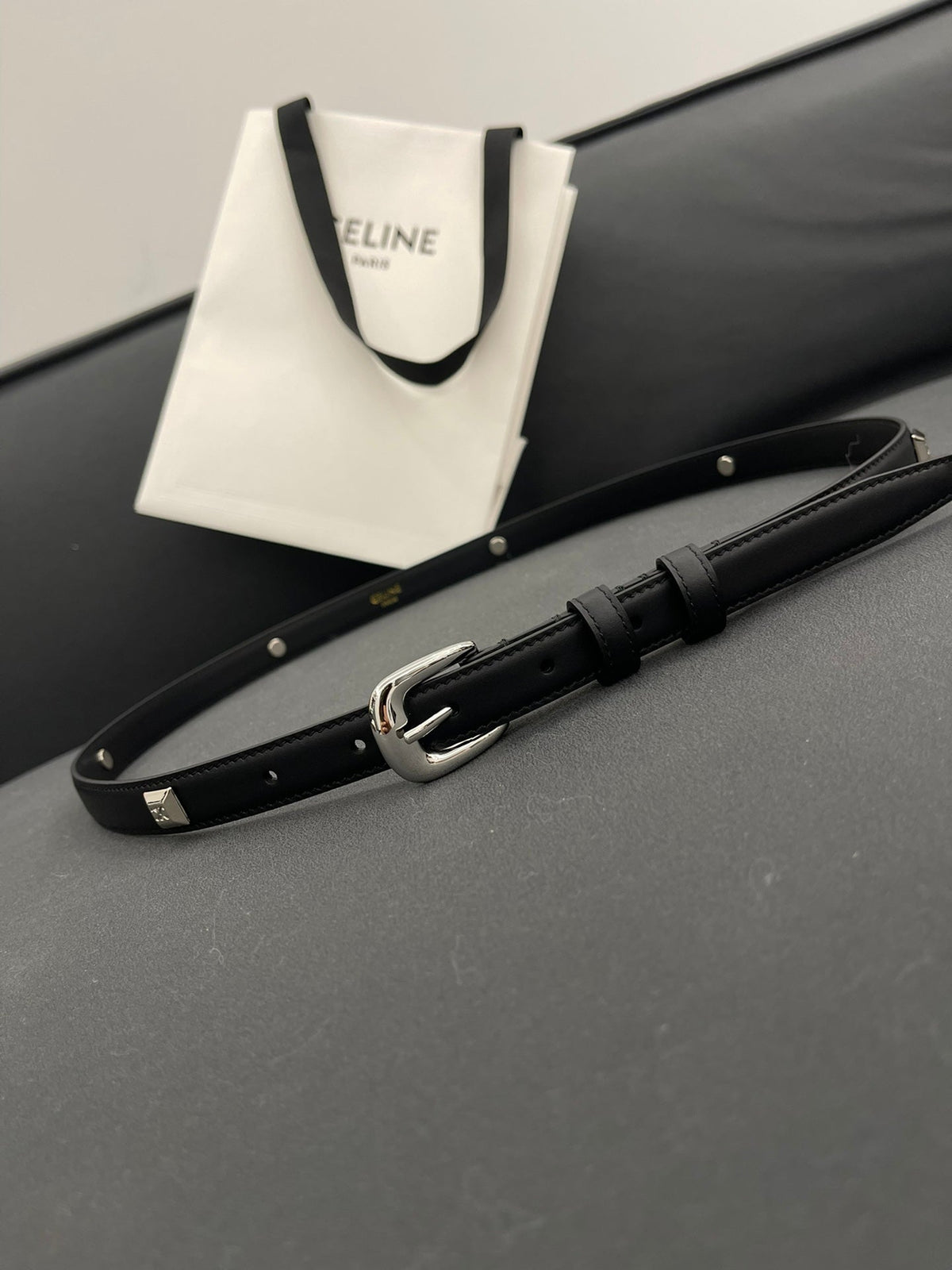 CL SMALL 18 MM TRIOMPHE BELT IN TAURILLON BLACK LEATHER SILVER HARDWARE