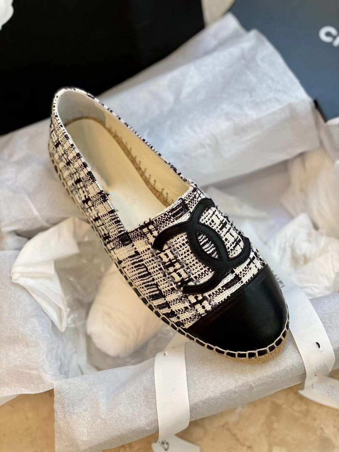 espadrilles white black tweed black lambskin