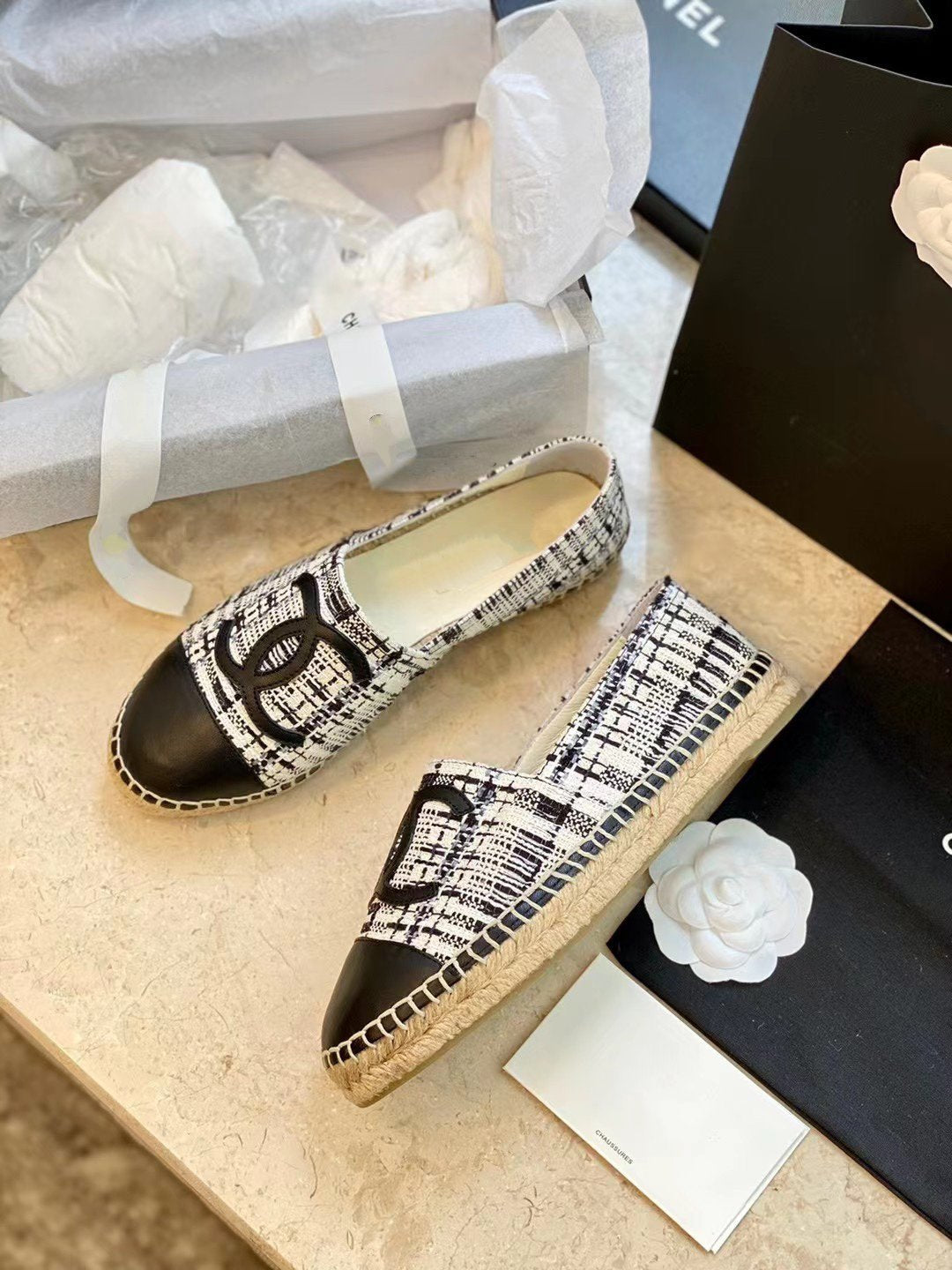 espadrilles white black tweed black lambskin