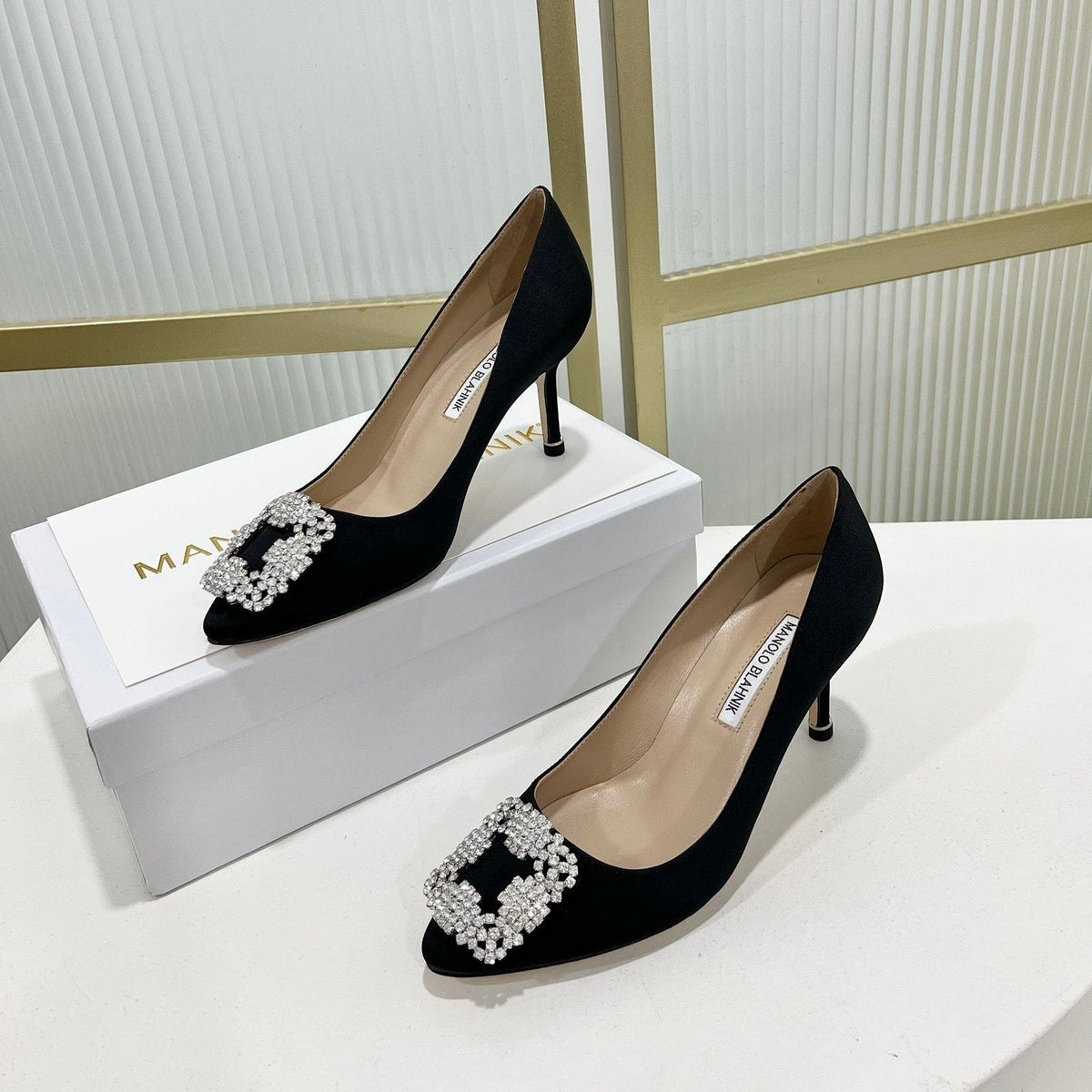 Manolo Hangisi Black Satin Jewel Buckle Pump 95