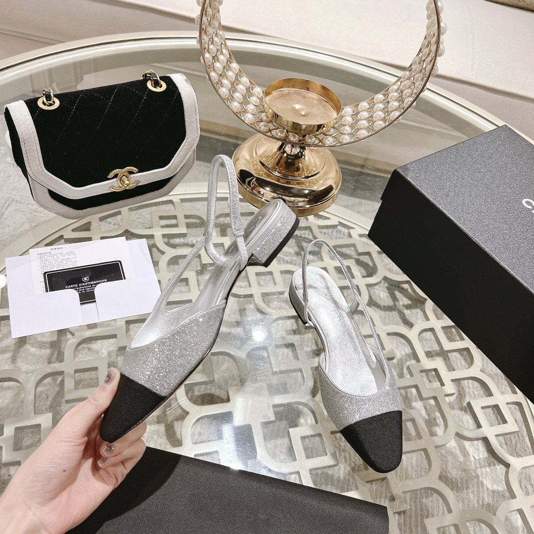 slingback 2.5 glitter silver black grosgrain