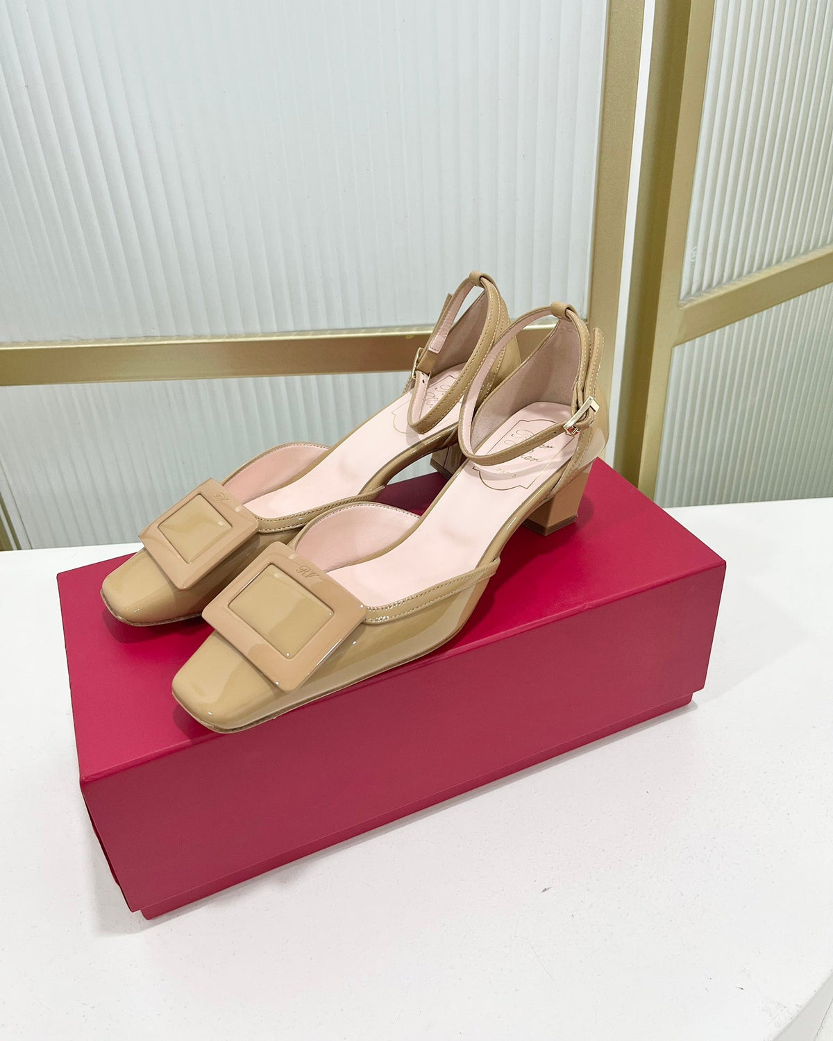 Trompette Metal Buckle Slingback Pump 45 Camel Patent Leather