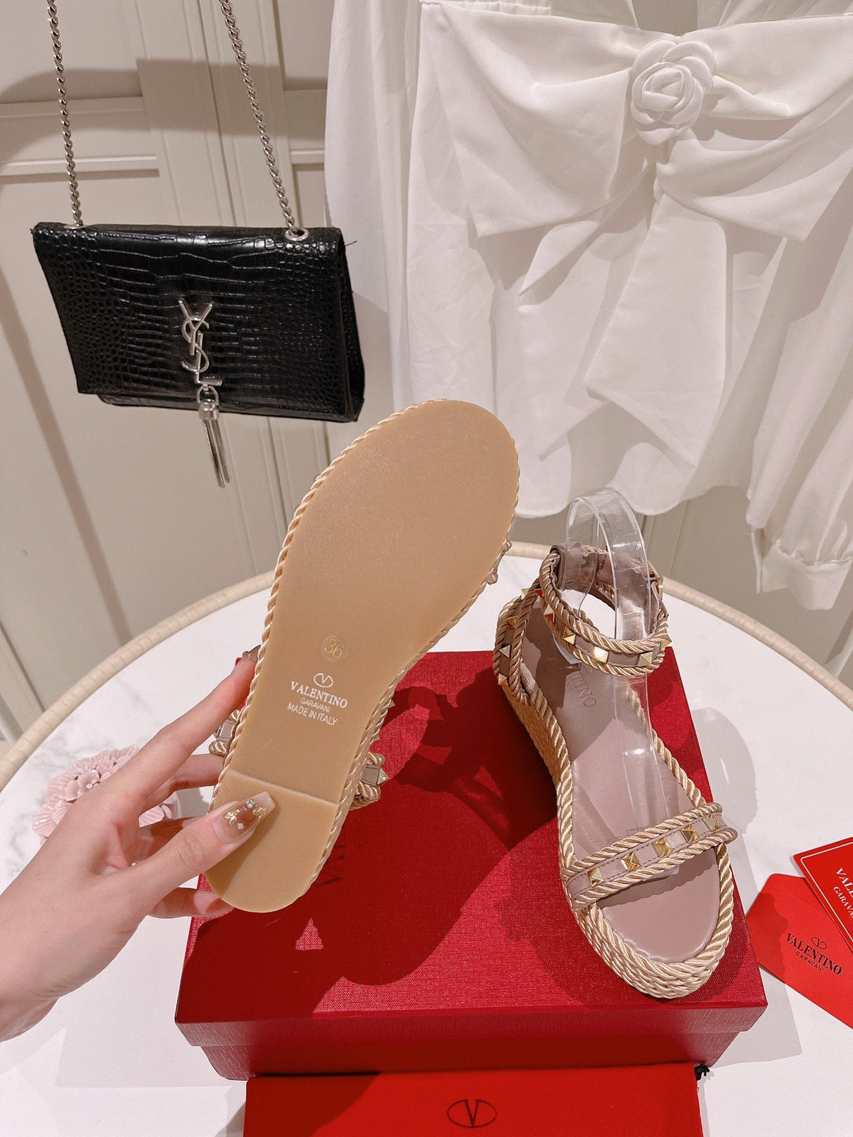 VT Rockstud Platform Sandals 65mm Pink Nude Espadrilles Calfskin 521310