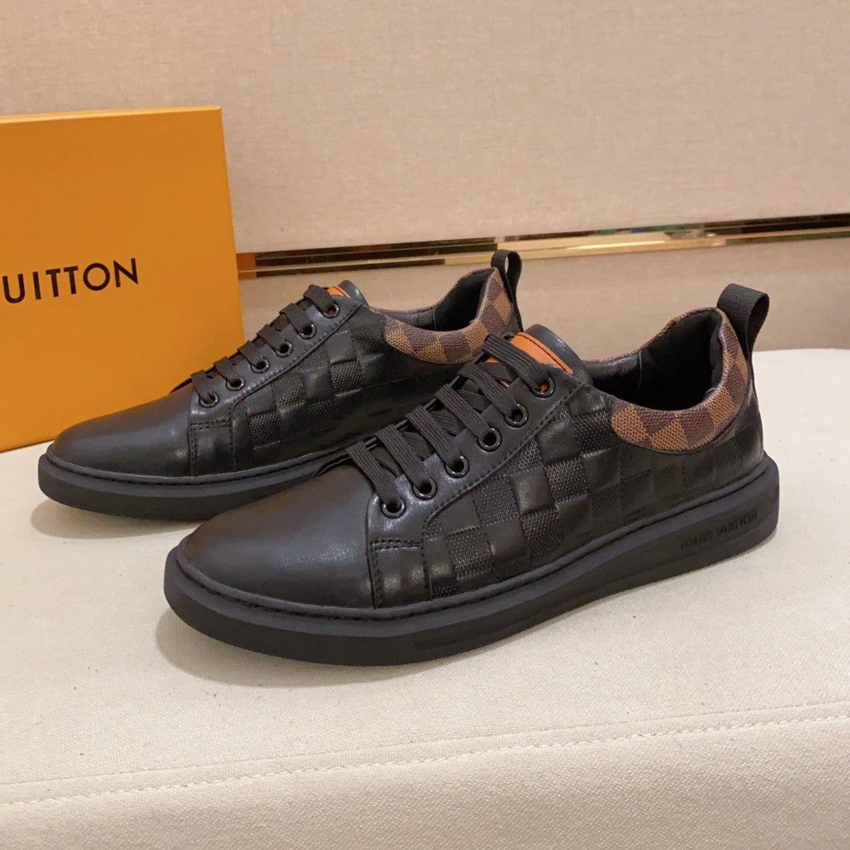 LV TRAINER SNEAKER BLACK DAMIER JACQUARD AND CALFSKIN