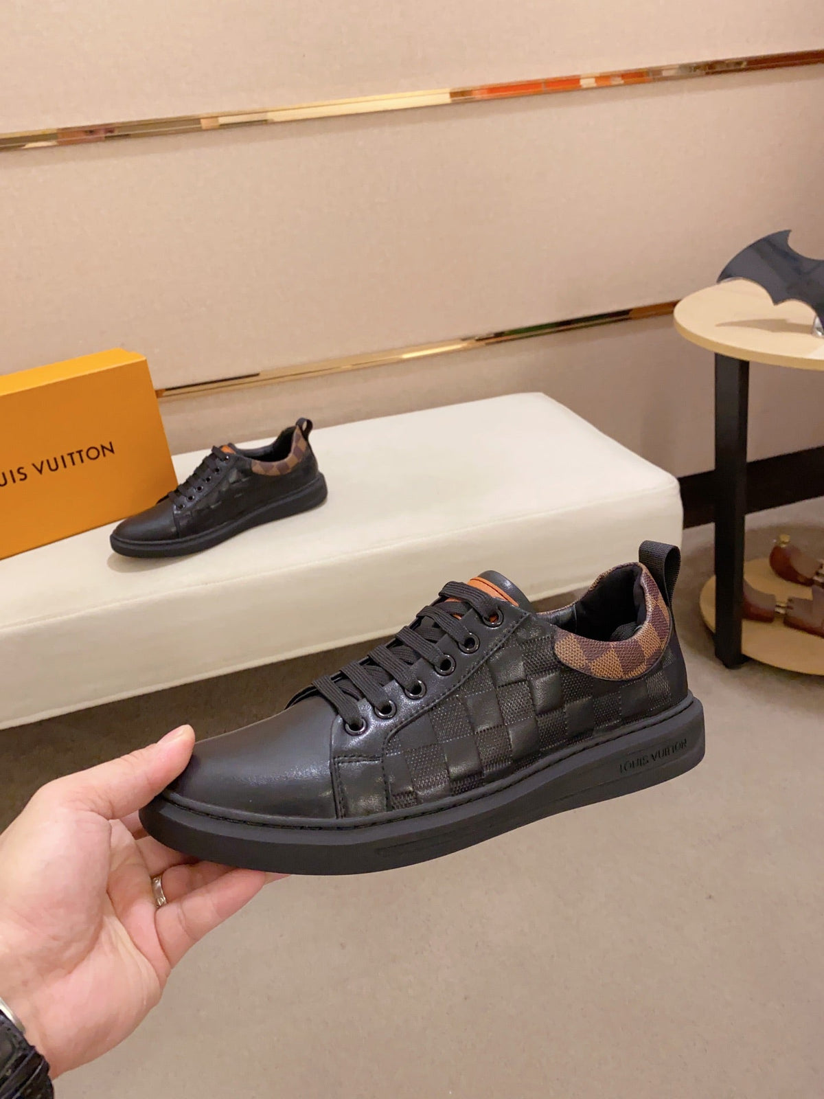 LV TRAINER SNEAKER BLACK DAMIER JACQUARD AND CALFSKIN