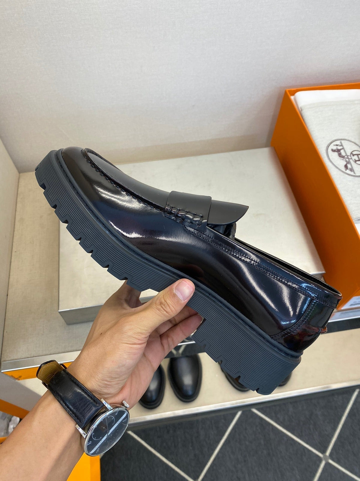 HM Men's Loafer Black Mix Brown Patent Leather 540806