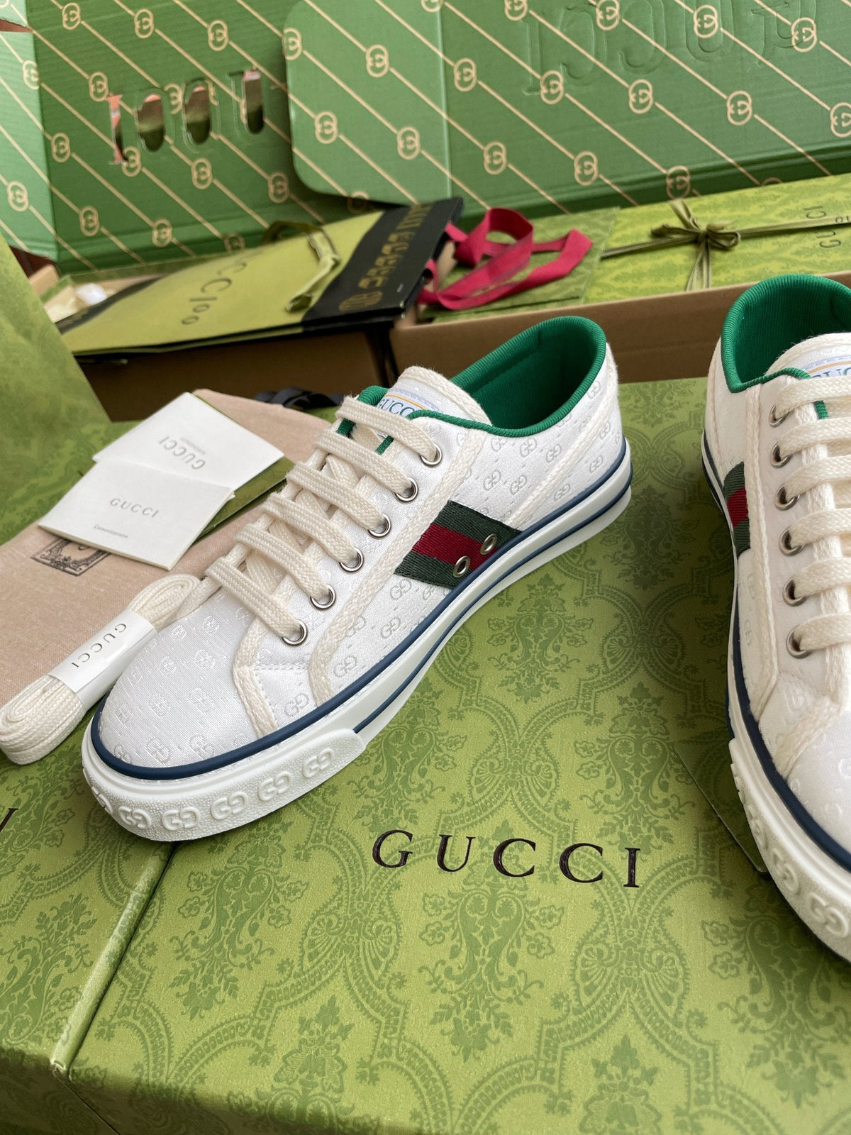 GG 26 Platform Sneaker White Green Monogram Canvas 632829