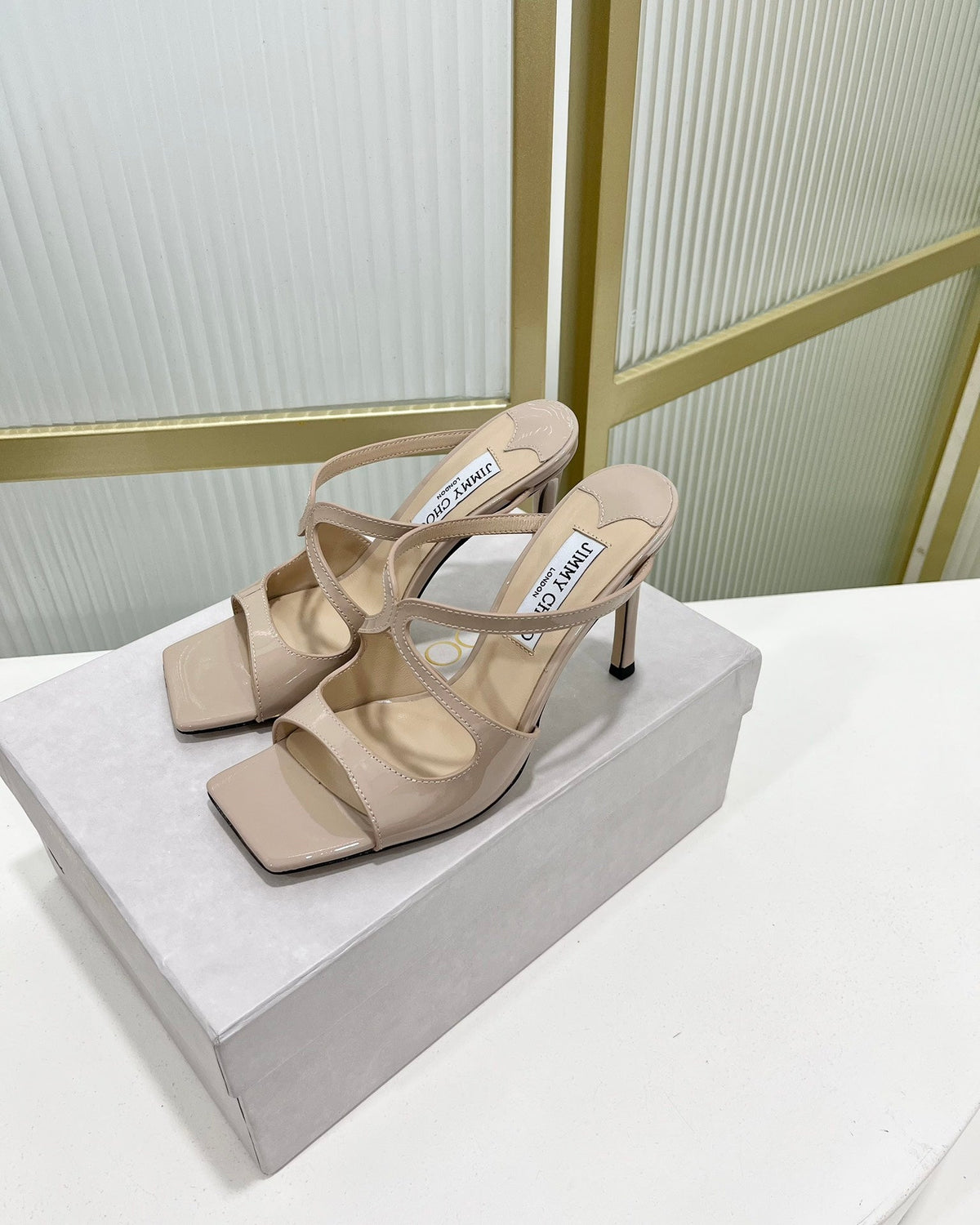 Jimmy Anise 85 In Light Pink Beige Glossy Cowhide Mules 587690