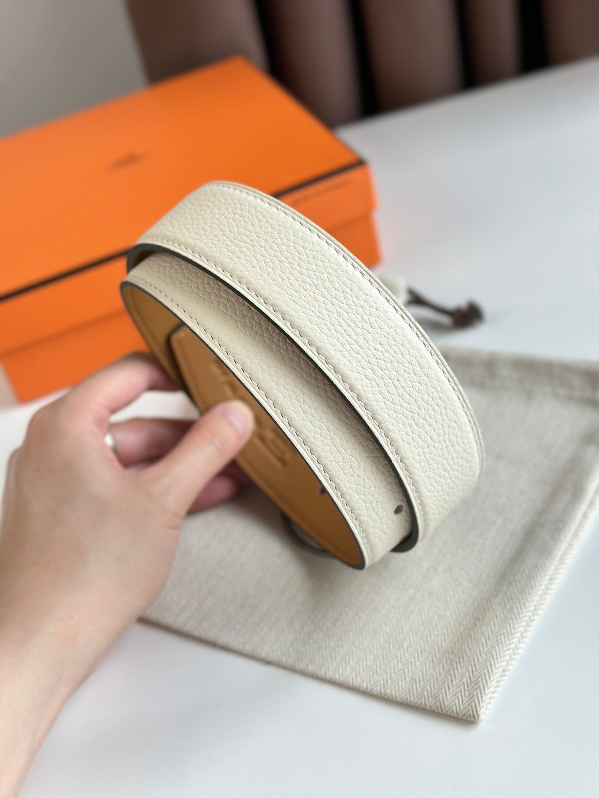 HM ROMAIN 35MM BELT WHITE CREAM LEATHER SILVER HARDWARE