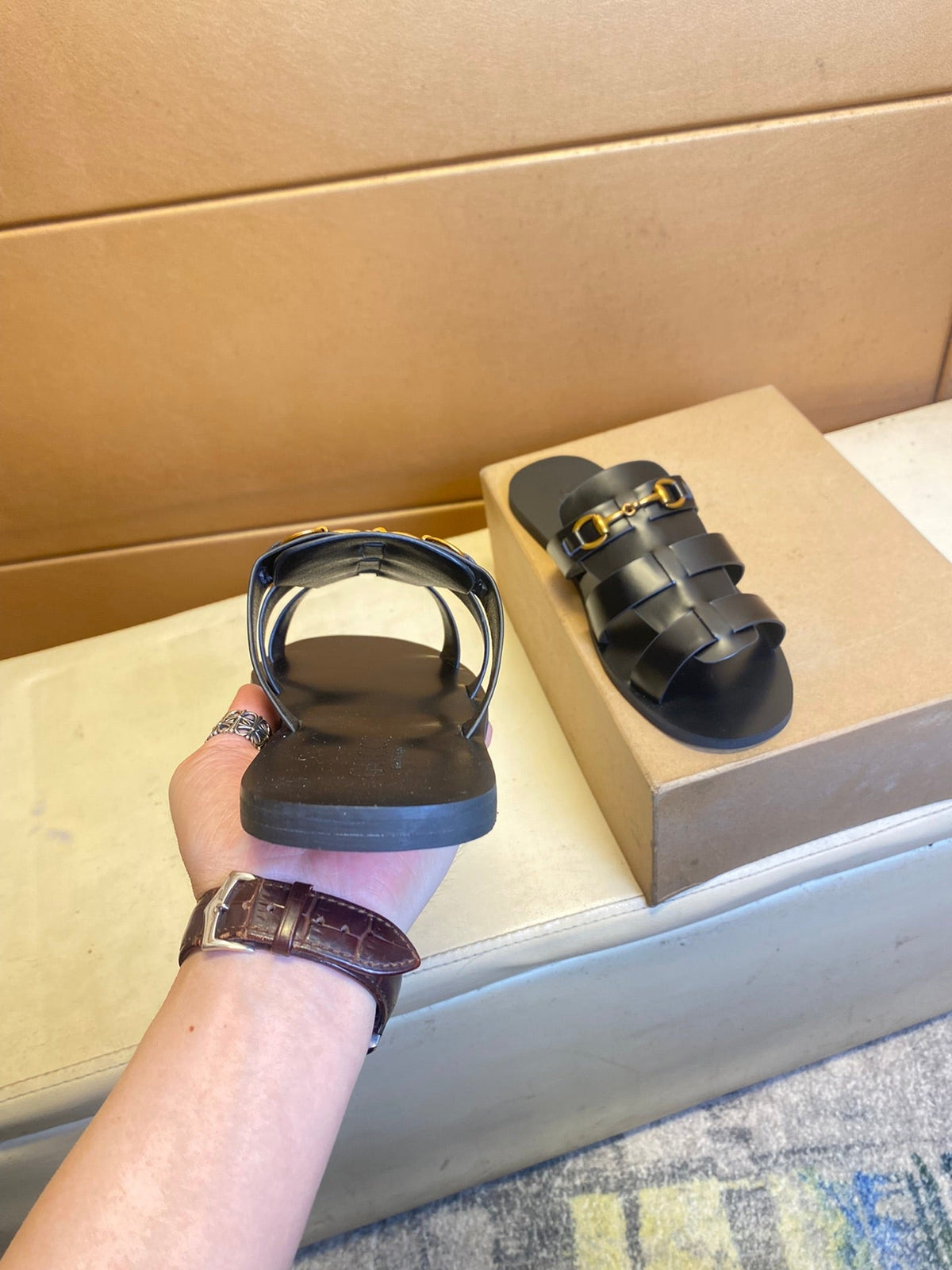 GG Men's Sandals Slide Black Green Cowhide