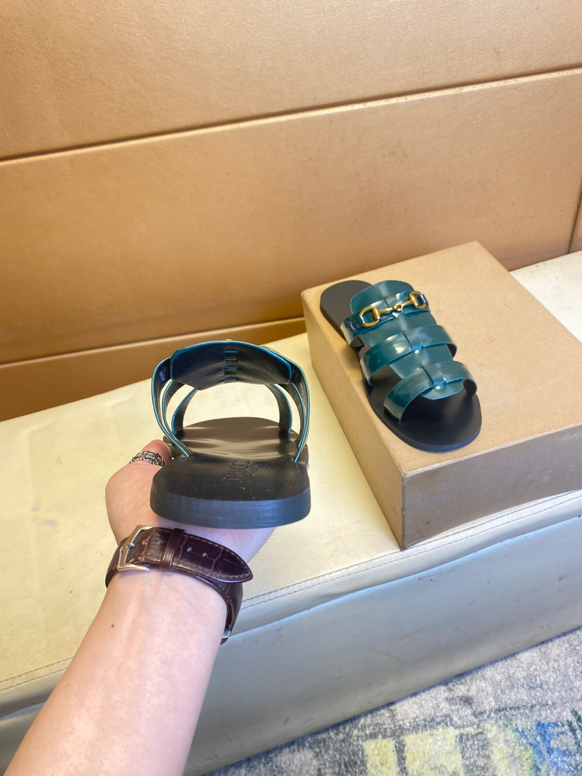 GG Men's Sandals Slide Black Green Cowhide