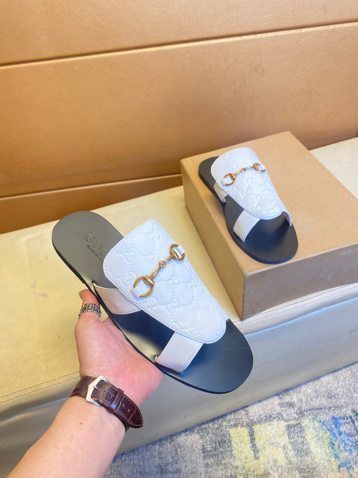 GG Men's Sandals Slide Multicolor Cowhide 724700