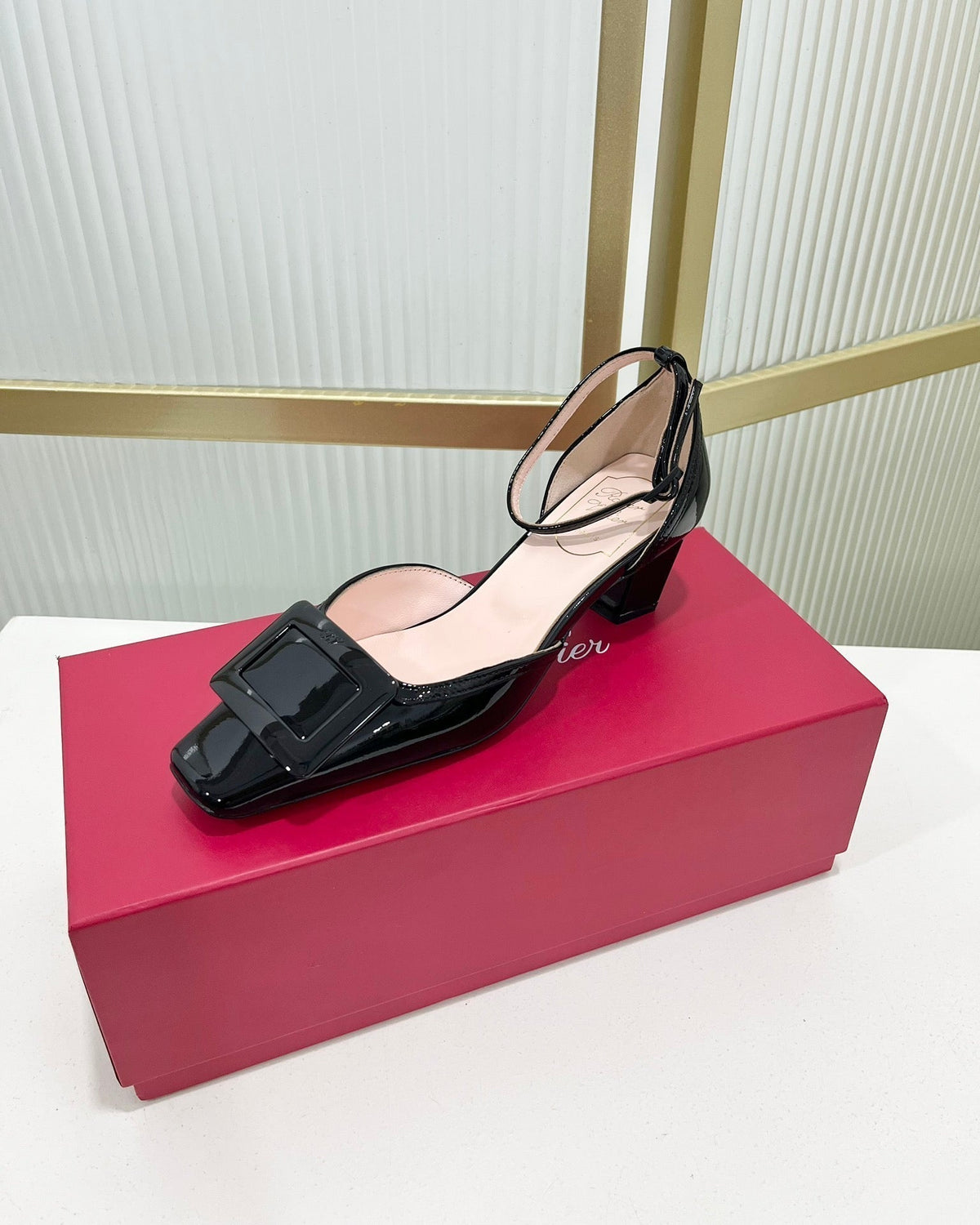 Trompette Metal Buckle Slingback Pump 45 Black Patent Leather