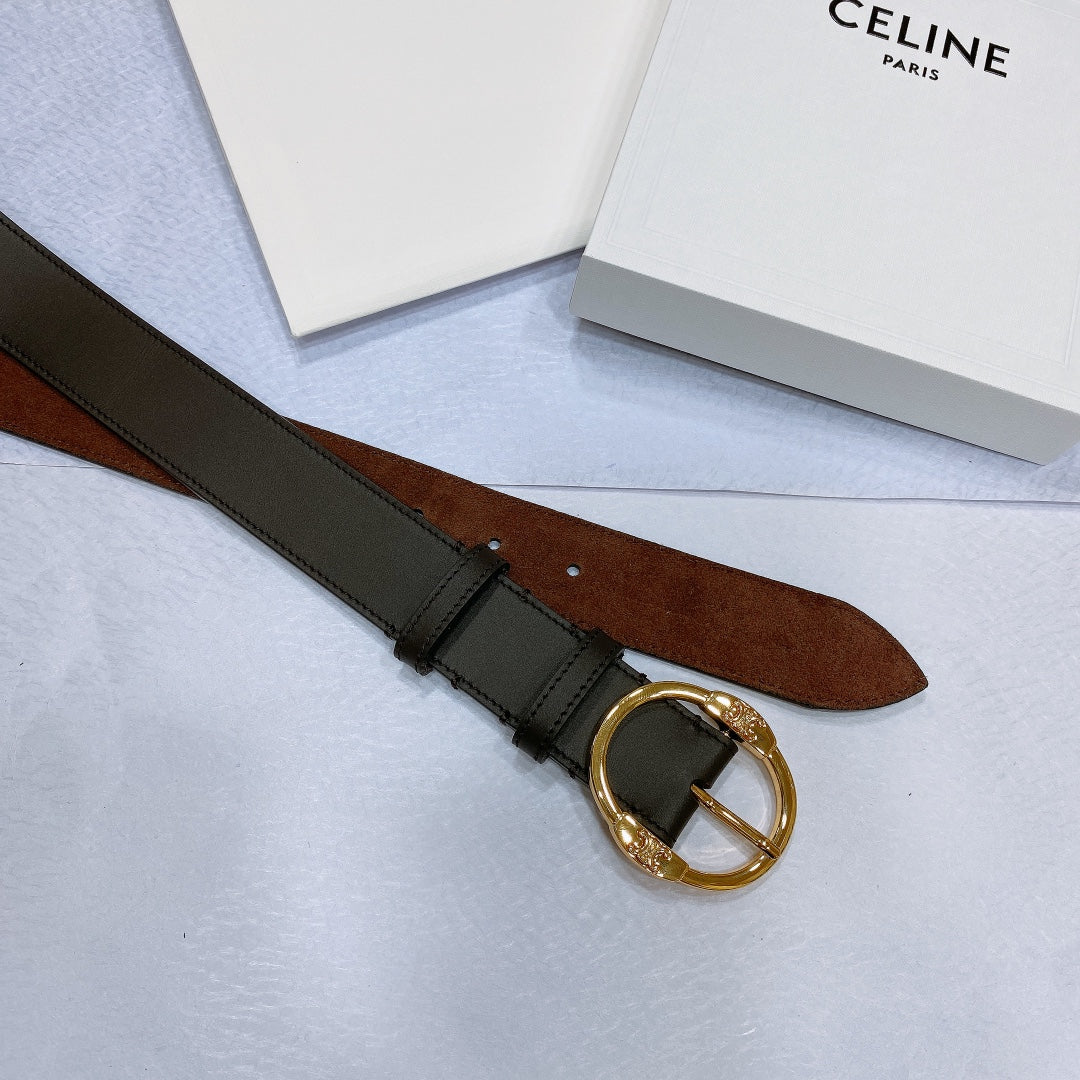 CL LARGE 35MM TWIN TRIOMPHE BELT IN BLACK AND BROWN CALFSKIN GOLD HARDWARE