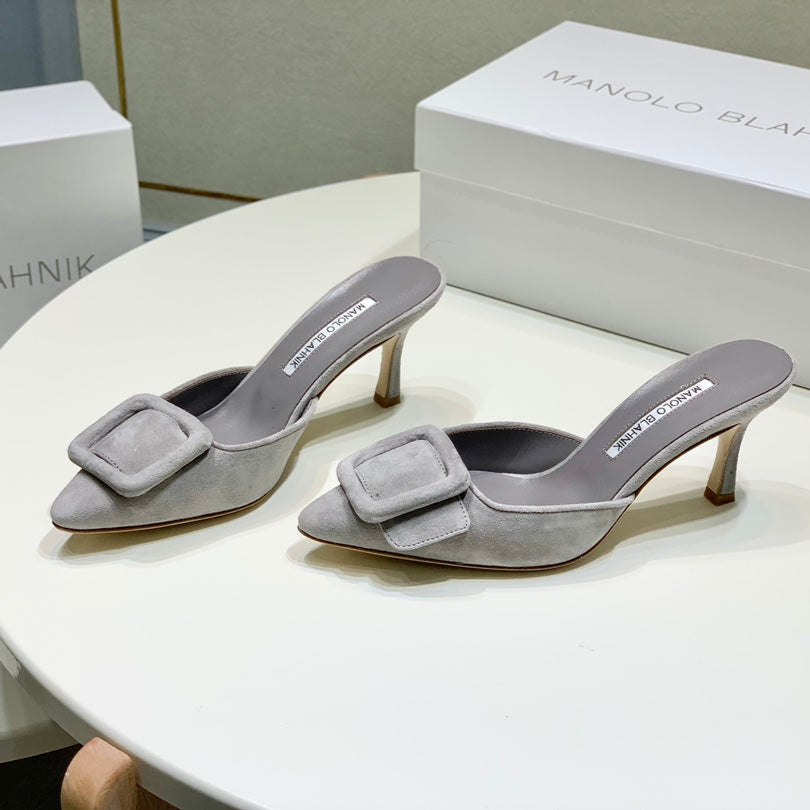 Manolo Mules 7cm Grey Suede Leather Bottom 451193
