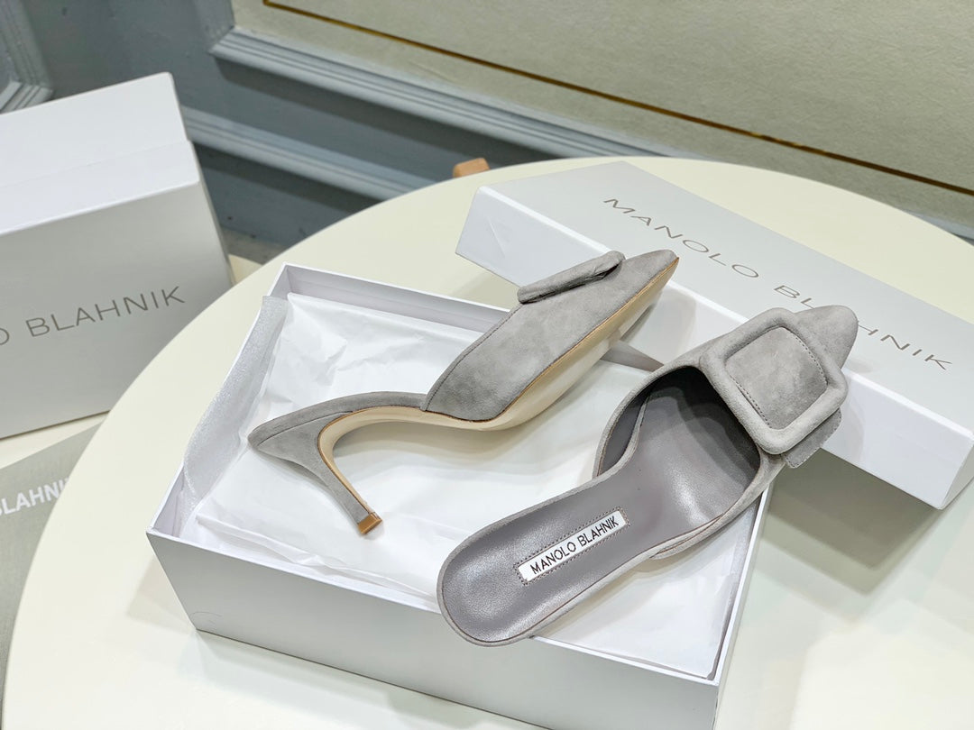 Manolo Mules 7cm Grey Suede Leather Bottom 451193