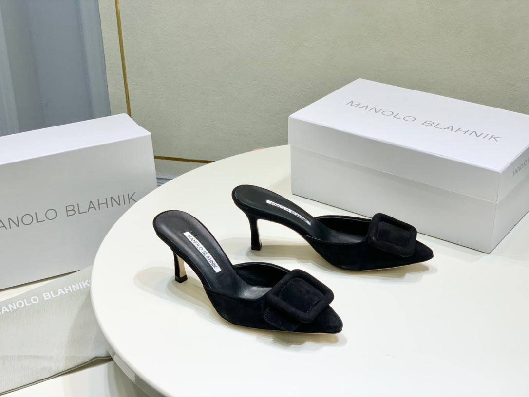 Manolo Mules 7cm Black Suede Leather Bottom 451190
