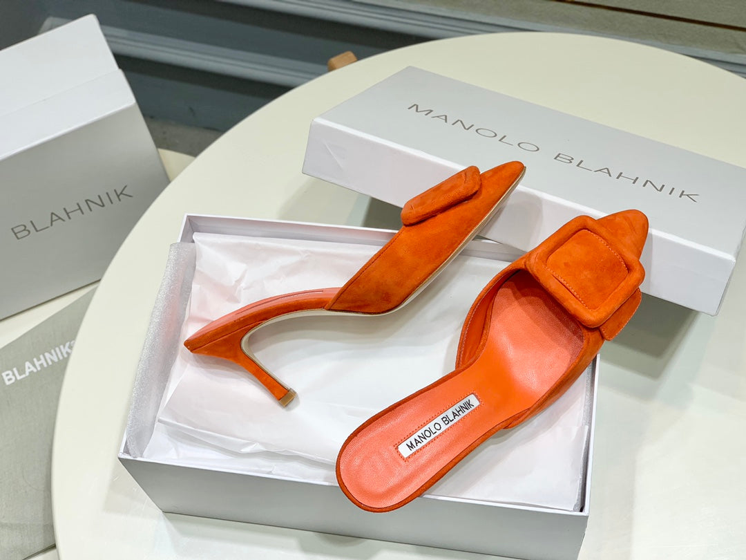 Manolo Mules 7cm Orange Suede Leather Bottom 451189