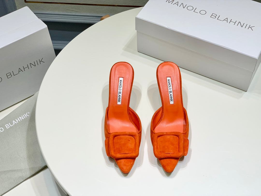 Manolo Mules 7cm Orange Suede Leather Bottom 451189