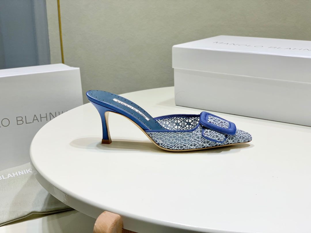 Manolo Mules 7cm Blue Hollow Lace Leather Bottom 451199