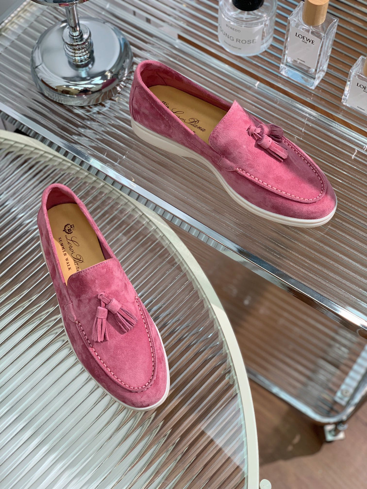 lp dot sole walk loafer pink red suede